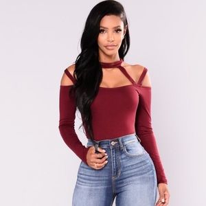 FashionNova High Hopes Strappy Bodysuit Dark Wine